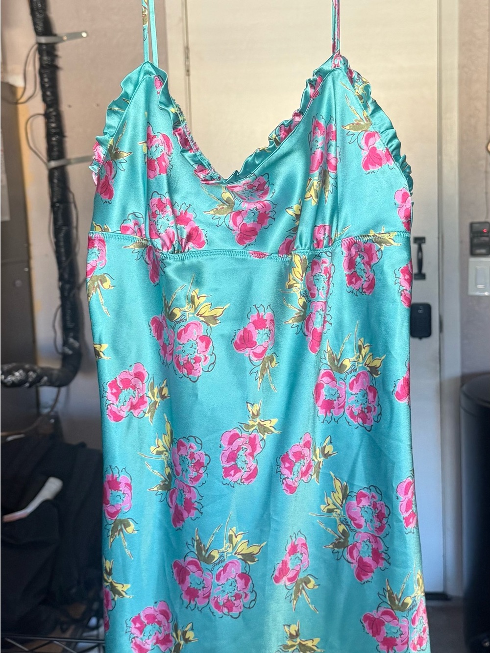 Victoria's Secret Turquoise Satin Slip Dress with Pink Floral Print